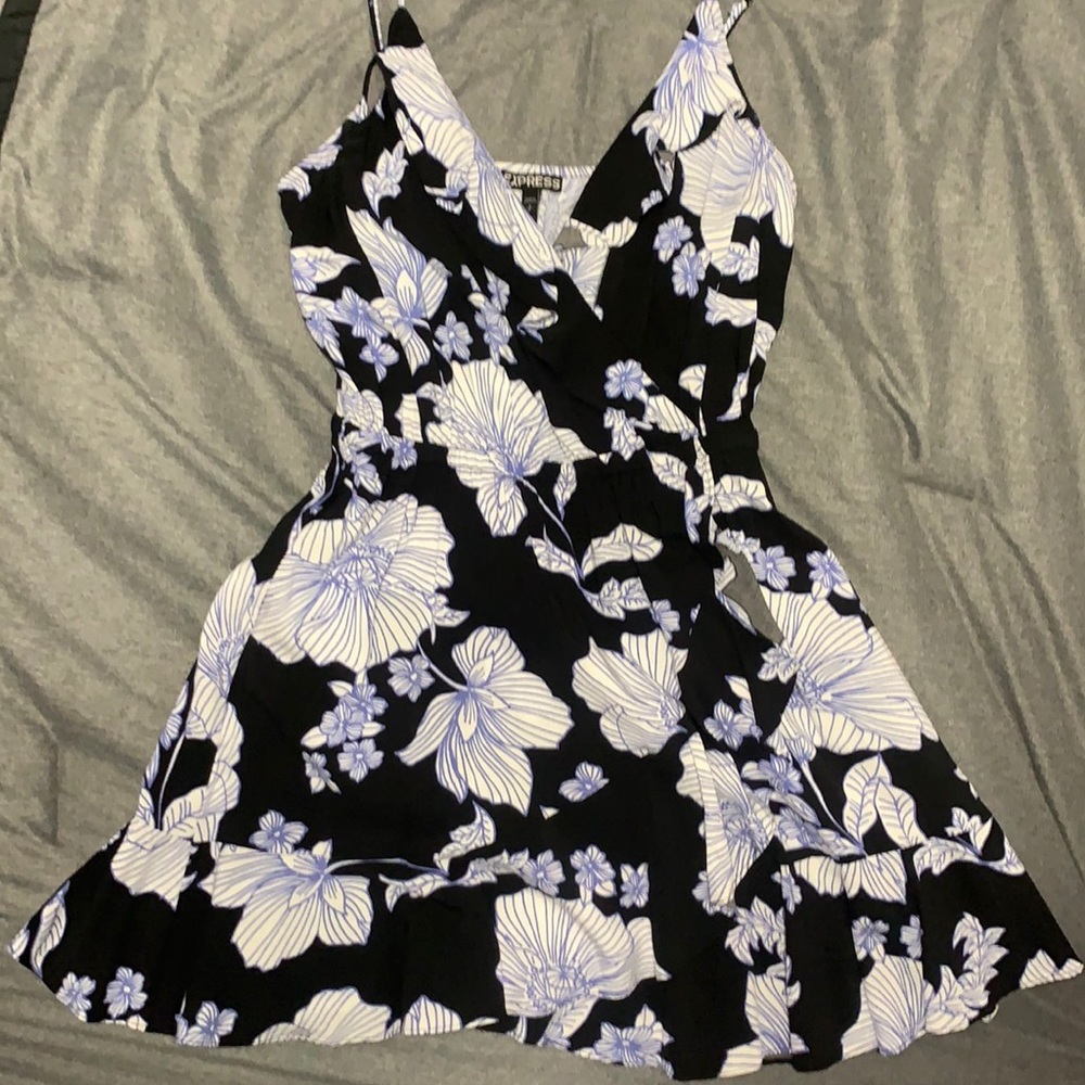 Black, purple and white Express mini sundress.